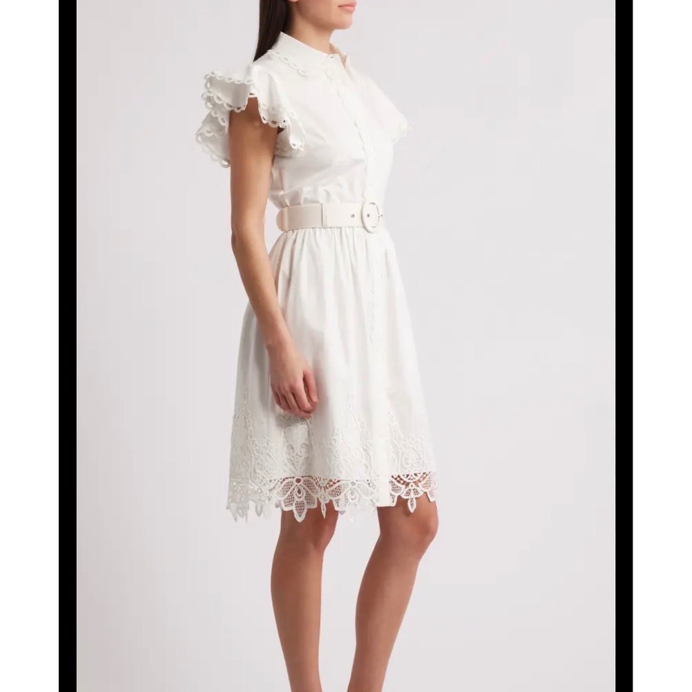 Elie Tahari Sloan White Eyelet Lace Shirtdress Belt Flutter Sleeve Scalloped Hem